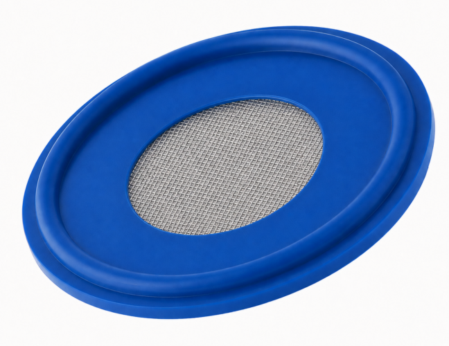 Blue Tri-Clamp screen gasket with stainless steel mesh
