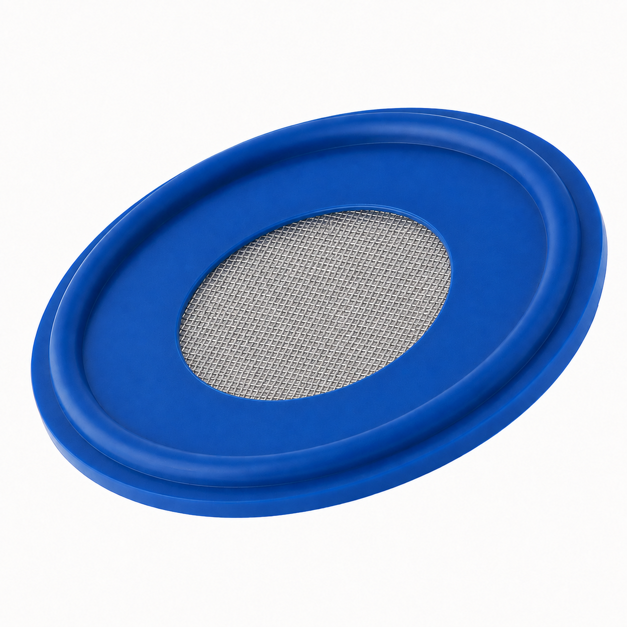 Blue Tri-Clamp screen gasket with stainless steel mesh