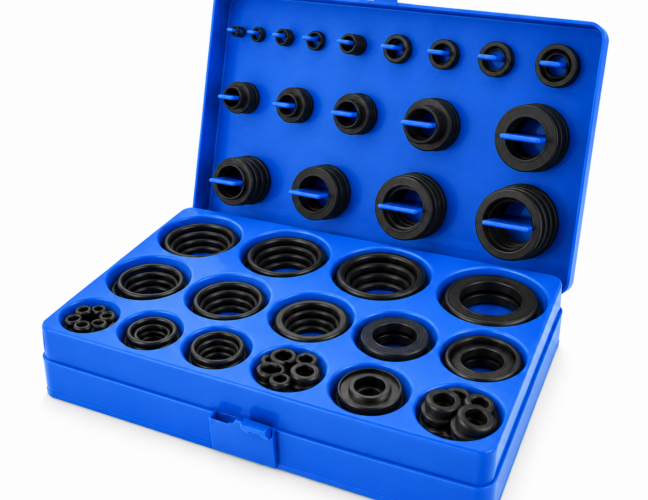 Automotive seal assortment in an open blue compartmentalised case