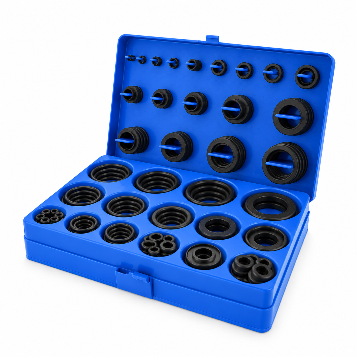 Automotive seal assortment in an open blue compartmentalised case