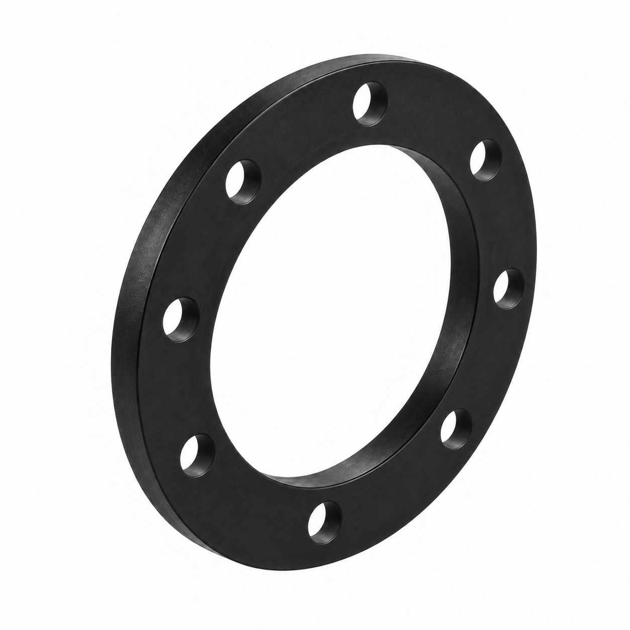 Black circular rubber flange gasket with eight bolt holes