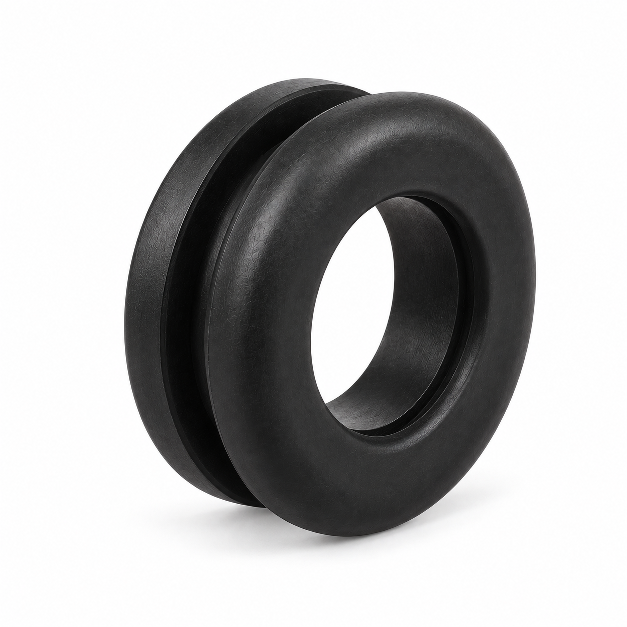 Black rubber grommet with a grooved outer profile