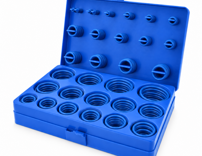 Blue O-rings arranged by size in an open blue storage case