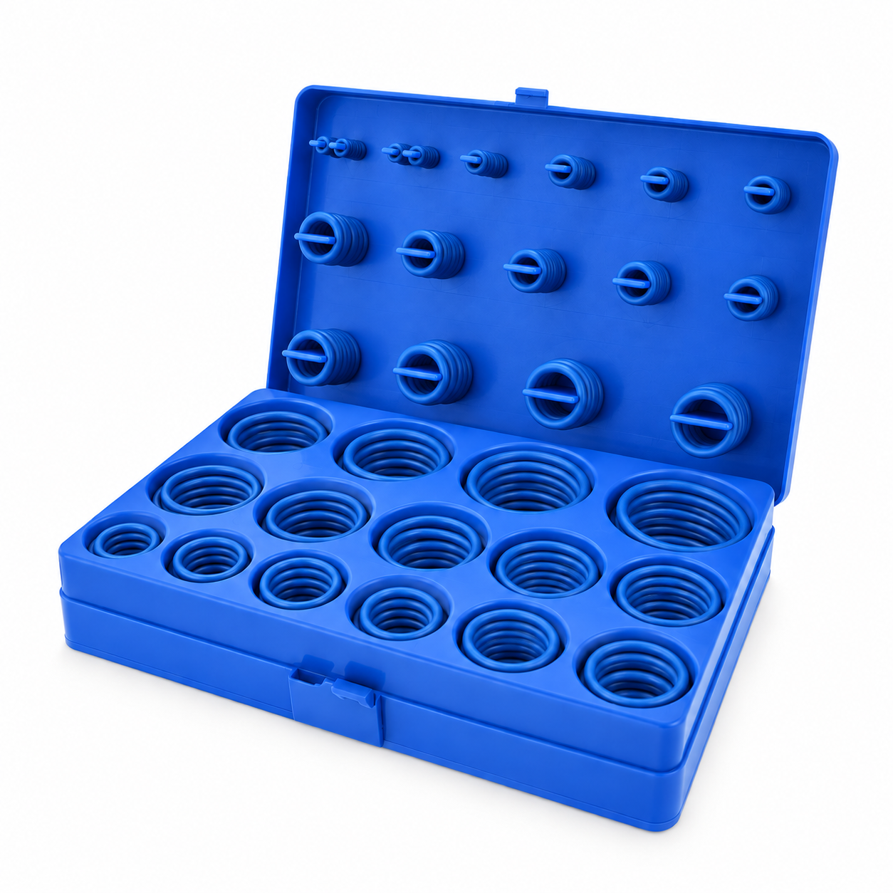 Blue O-rings arranged by size in an open blue storage case