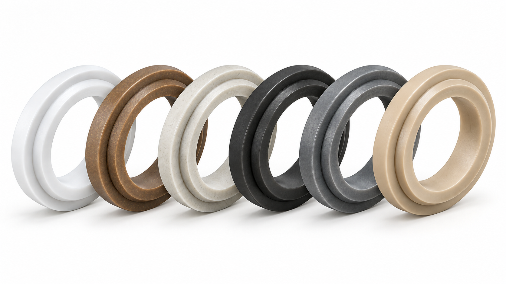PTFE and engineering plastic sealing rings in six material grades