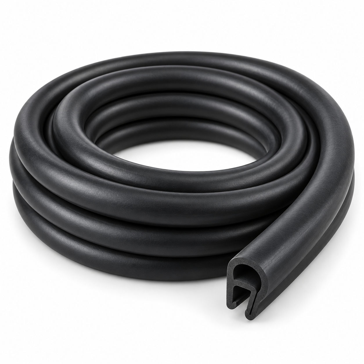 Coiled black rubber extrusion with a hollow profile